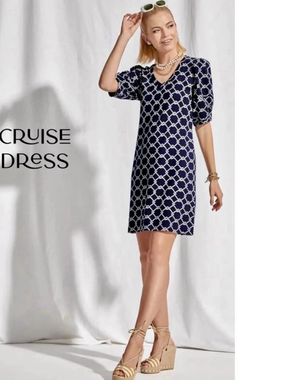 CAbi Cruise Dress Navy and White V-Neck Rope Print A-Line Dress - Picture 1 of 6